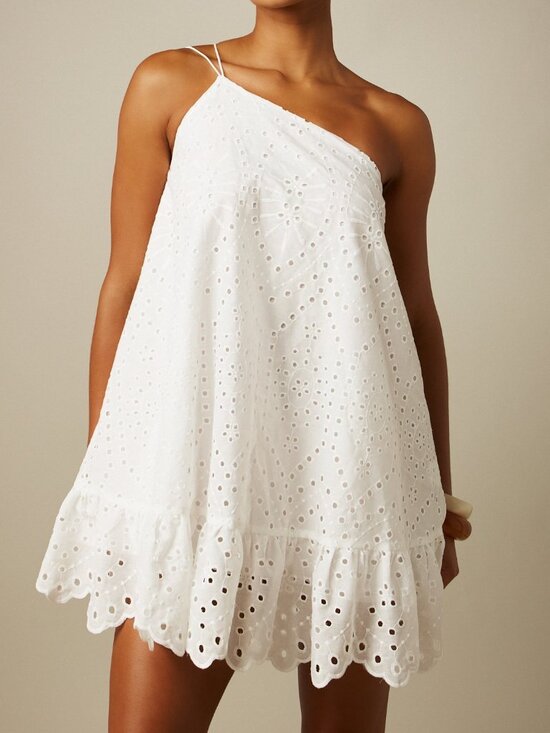 Dresses & Skirts - White Boho Women's One-Shoulder Mini Dress with Ruffle Hem and Scalloped Edge